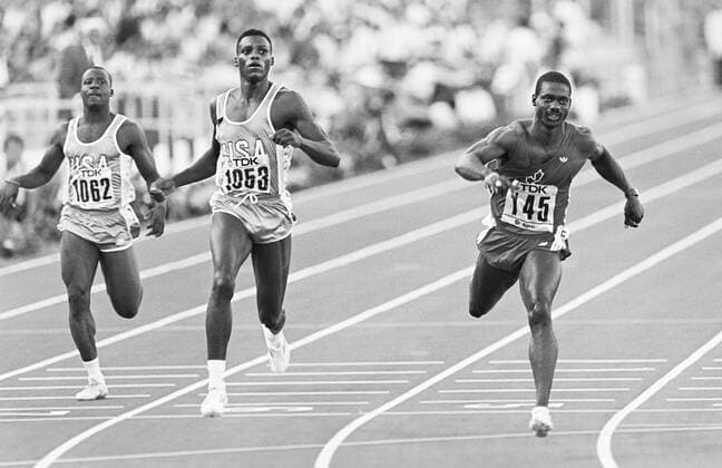 870830 Athletics, World Athletics Championships: Lee McRae, USA, Carl Lewis, USA and Ben Johnson, Canada, during the 100 m final at The World Athletics Championships on August 30, 1987 in Rome, Italy. BILDBYRAN *** 870830 Athletics, World Athletics Championships Lee McRae, USA, Carl Lewis, USA and Ben Johnson, Canada, during the 100 m final at The World Athletics Championships on August 30, 1987 in Rome, Italy BILDBYRAN,  Copyright: BILDBYRAN 870830036