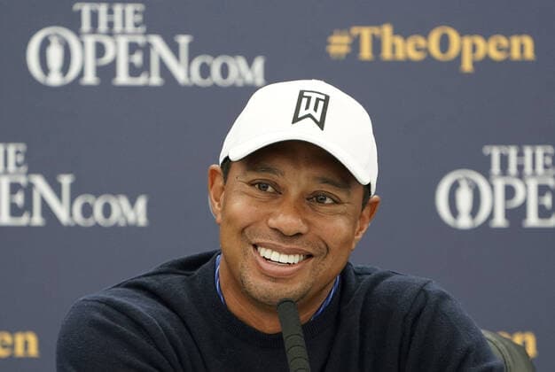 Golf: Tiger Woods Photo taken July 17, 2018, shows Tiger Woods attending a press conference, PK, Pressekonferenz ahead of the British Open at Carnoustie Golf Links in Scotland 