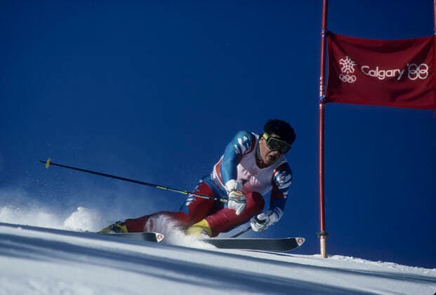 Skiing Alberto Tomba (ITA) gold medalist competing in the Giant Slalom at the 1988 Olympic Winter games, Winterspiele,Spiele, Summer games Calgary, Alberta, Canada Calgary Alberta Canada Copyright: xStevenxE.xSutton DUOMO PCNx SK0102 002564