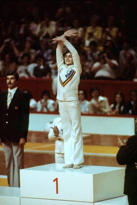 Nadia Comaneci reats to the crowd prior to receiving her gold medal at the 1976 Olympic Summer Games, Montreal, Cananda Montreal Quebec Canada Copyright: xPaulxJxSuttonx GY0101 007902
