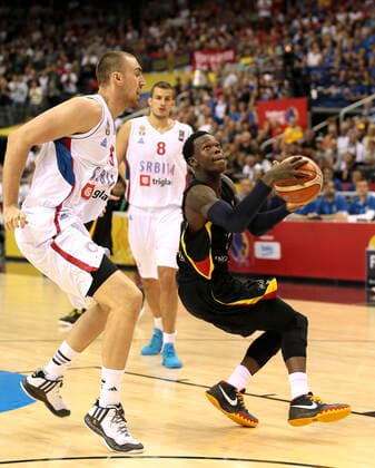 Photo Dennis Schröder on the ball GER against Nikola Milutinov, left Basketball EM in Berlin, on Sun 06 09 2015 international match Germany Serbia