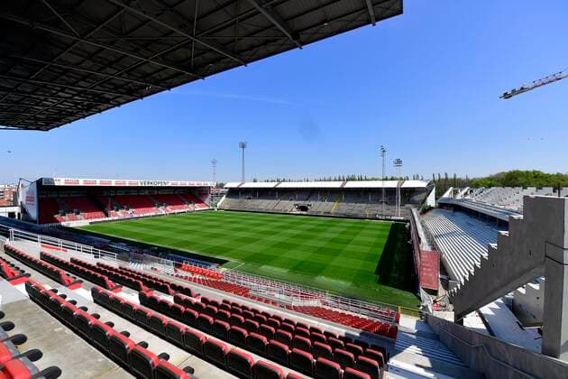 BRUSSELS, BELGIUM - APRIL 16 : Illustration picture of the Bosuil Stadium, home of Royal Antwerp FC, during the lockdown to stop the spreading of Covid-19. The Jupiler Pro League championship is suspended due to the outbreak of COVID-19. And there wil be no mass events until august 31. Illustration pictures on April 16, 2020 in Brussels, Belgium, 16 04 2020 FOOTBALL : Coronavirus en Belgique - 16 04 2020 PhotoNews Panoramic 