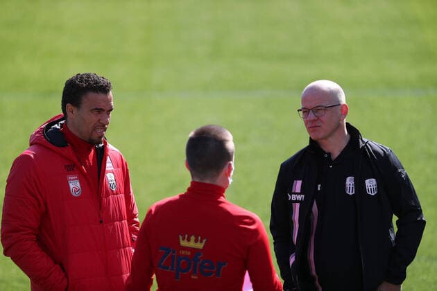 SOCCER - BL, PK LASK PASCHNG,AUSTRIA,20.APR.20 - SOCCER - tipico Bundesliga, Linzer ASK, press conference, PK, Pressekonferenz after lightening the restrictions due to the SARS-CoV-2 crisis, corona crisis. Image shows head coach Valerien Ismael, press officer Peter Oefferlbauer and president Sigmund Gruber (LASK) GEPAxpictures xManfredxBinder