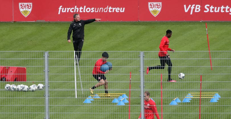 VfB Stuttgart Training Germany, Stuttgart, 29 04 2020, football, 2 Bundesliga, season 2019 2020, VfB Stuttgart Training by Rainer Widmayer Co-Trainer , Wataru Endo, Maxime Awoudja