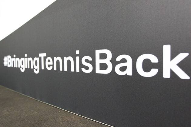 The motto of the Tennis Exhibition Series in Hoehr Grenzhausen on a board BringingTennisBack Tennis Exhibition Series in Hoehr Grenzhausen Tennis Exhibition Series in Hoehr Grenzhausen Copyright: xEibner-Pressefotox
