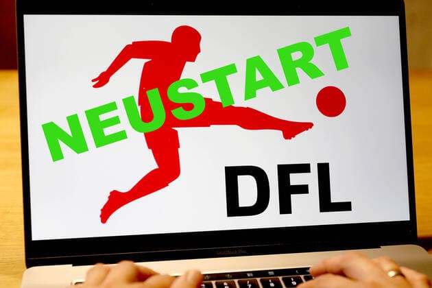 Symbol photo on 02 05 2020 The DFL logo on a laptop Postpones the decision when and if the Bundesliga can start again MH