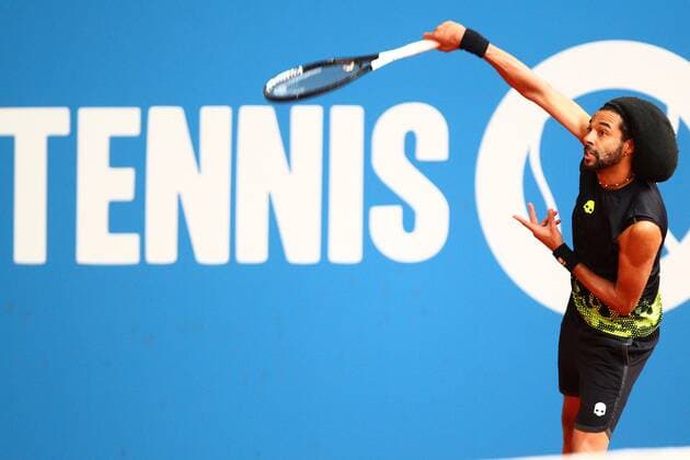 Dustin Brown in front of a tennis lettering on the board at the Tennis Exhibition Series in Hoehr Grenzhausen Tennis Exhibition Series in Hoehr Grenzhausen Tennis Exhibition Series in Hoehr Grenzhausen Copyright: xWeissx Eibner-Pressefotox EP_rws