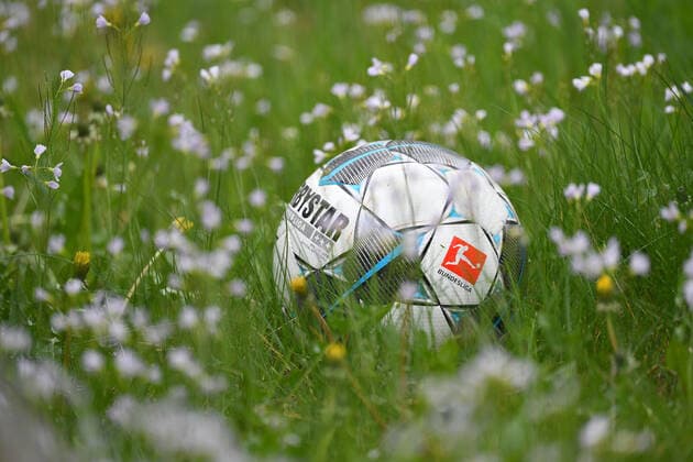 DFL reports a total of ten positive corona tests in the 1 and 2 Bundesliga archive photo Edge motif,Feature official match ball Derbystar lies a not mowed meadow in high grass and meadow flowers FC Bayern Muenchen Training in the coronavirus pandemic in small groups Training at Saebener Strasse Football 1 Bundesliga,Season 2019 2020, on 02 05 2020 Â