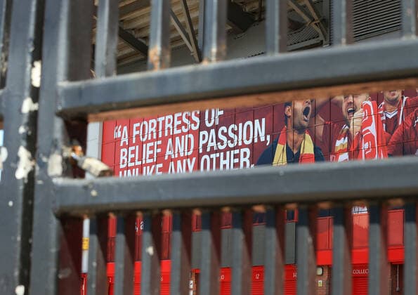 May 4th 2020, Liverpool, United Kingdom; Anfield stadium during the suspension of the Premier League due to the Covid-19 virus pandemic; padlocked gates outside the entrance to the Kop  ActionPlus12218564 DavidxBlunsden