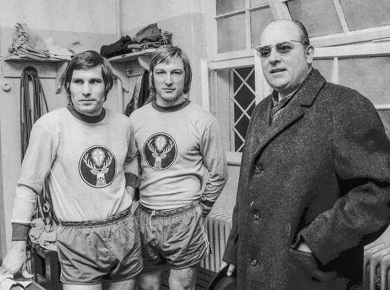 In January 1973 Jaegermeister chief Guenter Mast introduces the jersey advertising at Eintracht Braunschweig Here with Klaus Gerwin and Allan Michaelsen in the middle