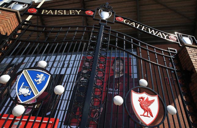 May 4th 2020, Liverpool, United Kingdom; Anfield stadium during the suspension of the Premier League due to the Covid-19 virus pandemic; the locked Paisley gates outside the deserted entrance to the Kop end of the stadium  ActionPlus12218573 DavidxBlunsden
