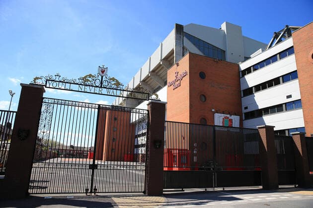 May 4th 2020, Liverpool, United Kingdom; Anfield stadium during the suspension of the Premier League due to the Covid-19 virus pandemic; the locked Shankly Gates outside the deserted entrance to the Sir Kenny Dalglish stand  ActionPlus12218576 DavidxBlunsden