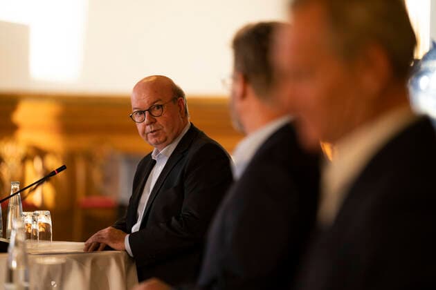 Copenhagen Mayor Frank Jensen, Chairman of DBU Jesper Moeller, Chairman of DBU, President of Parken Sport Entertainment Bo Rygaard, and Culture and Leisure Mayor of Copenhagen Municipality Franciska Rosenkilde, at a press conference on clarification at the Copenhagen European Championships in the summer of 2021, at the Copenhagen Seaport May 7, 2020, Copenhagen Denmark,  Copyright: UngerxAnthon AnthonxUngerx cop333 spdk20200507-201524-L
