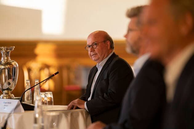 Copenhagen Mayor Frank Jensen, Chairman of DBU Jesper Moeller, Chairman of DBU, President of Parken Sport Entertainment Bo Rygaard, and Culture and Leisure Mayor of Copenhagen Municipality Franciska Rosenkilde, at a press conference on clarification at the Copenhagen European Championships in the summer of 2021, at the Copenhagen Seaport May 7, 2020, Copenhagen Denmark,  Copyright: UngerxAnthon AnthonxUngerx cop333 spdk20200507-201536-L