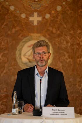 Copenhagen Mayor Frank Jensen, Chairman of DBU Jesper Moeller, Chairman of DBU, President of Parken Sport Entertainment Bo Rygaard, and Culture and Leisure Mayor of Copenhagen Municipality Franciska Rosenkilde, at a press conference on clarification at the Copenhagen European Championships in the summer of 2021, at the Copenhagen Seaport May 7, 2020, Copenhagen Denmark,  Copyright: UngerxAnthon AnthonxUngerx cop333 spdk20200507-201602-L
