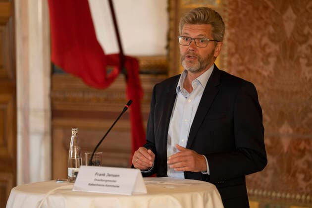 Copenhagen Mayor Frank Jensen, Chairman of DBU Jesper Moeller, Chairman of DBU, President of Parken Sport Entertainment Bo Rygaard, and Culture and Leisure Mayor of Copenhagen Municipality Franciska Rosenkilde, at a press conference on clarification at the Copenhagen European Championships in the summer of 2021, at the Copenhagen Seaport May 7, 2020, Copenhagen Denmark,  Copyright: UngerxAnthon AnthonxUngerx cop333 spdk20200507-201611-L