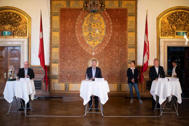 Copenhagen Mayor Frank Jensen, Chairman of DBU Jesper Moeller, Chairman of DBU, President of Parken Sport Entertainment Bo Rygaard, and Culture and Leisure Mayor of Copenhagen Municipality Franciska Rosenkilde, at a press conference on clarification at the Copenhagen European Championships in the summer of 2021, at the Copenhagen Seaport May 7, 2020, Copenhagen Denmark,  Copyright: UngerxAnthon AnthonxUngerx cop333 spdk20200507-201835-L
