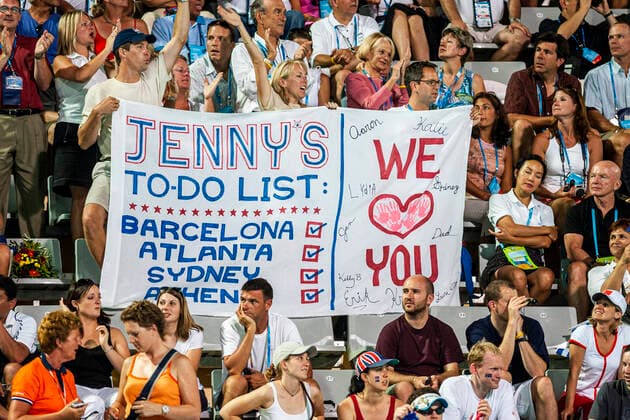 Olympic Summer Games 2004 Banner for Jenny Thompson (USA) competing in the Women s 4 Ã— 100 metre freestyle relay finals at the 2004 Olympic Summer Games, Athens. Athens Athens Olympic Aquatic Centre Greece Copyright: xPaulxJxSutton PCNx OL0417SW14-150