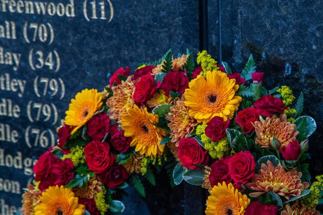 A wreath laid by Bradford City Director of Communications sits on the Valley Parade Fire Memorial in honour of the 56 victims that died in the fire on the 35th anniversary of the fire at Valley Parade The Bradford City stadium fire occurred during an English League Third Division match between Bradford City and Lincoln City on Saturday, 11 May 1985, killing 56 spectators in the stadium and injuring at least 265. Copyright: xThomasxGaddx PMI-3473-0009