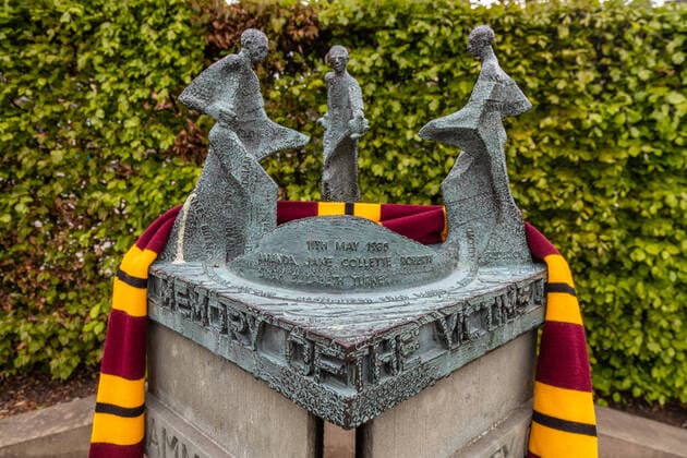 A Bradford City Scarf sits on the Bradford City Fire memorial in Bradford City centre on the day that would be the 35th Anniversary since 56 people died in the Bradford City fire The Bradford City stadium fire occurred during an English League Third Division match between Bradford City and Lincoln City on Saturday, 11 May 1985, killing 56 spectators in the stadium and injuring at least 265. Copyright: xThomasxGaddx PMI-3473-0010