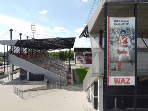 13 05 2020, Football GER, Regionalliga West, Season 2019 2020, SC Rot Weiss Essen, Stadium overview, Stadion Essen an der Hafenstrasse, on the right a banner of football idol Helmut Rahn, Essen North Rhine-Westphalia Germany Team2