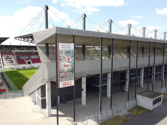 13 05 2020, Soccer GER, Regionalliga West, Season 2019 2020, SC Rot Weiss Essen, Stadium overview with the Rahn Tribune, Stadium Essen an der Hafenstrasse, in the middle a banner of football idol Helmut Rahn, Essen North Rhine-Westphalia Germany Team2