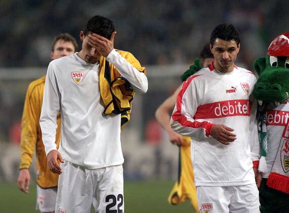 VFB Stuttgart Celtic Glasgow 3 2 Kevin Kuranyi, Viorel Ganea Disappointment at VFB 27 2 2003 Photo Herbert Rudel