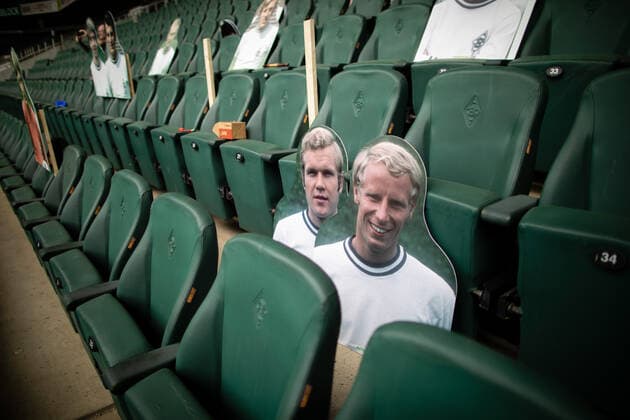 Mönchengladbach, 20 05 2020 Berti Vogts Fans of Borussia Mönchengladbach cannot enter the stadium due to the Corona pandemic and put up their cardboard mates instead Borussia Mönchengladbach