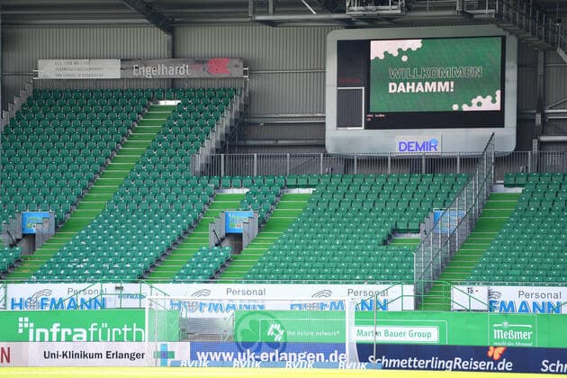 Football Empty Ranks and Scoreboard with Welcome Dahamm Fuerth, 17 05 2020, Soccer 2 Bundesliga, SpVgg Greuther Fuerth Hamburger SV Fuerth Poolfoto Preiss Witters Pool Witters ,EDITORIAL USE ONLY