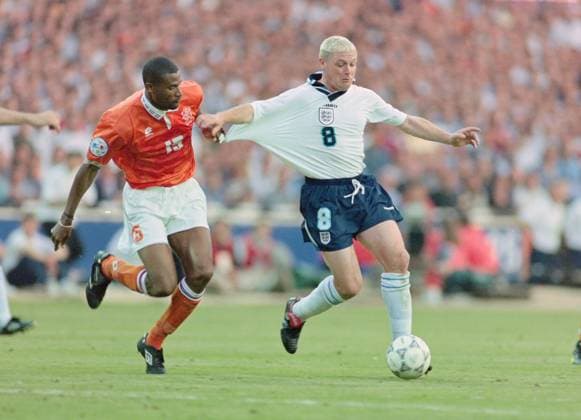 18 06 1996, European Football Championship 1996, Group A, Netherlands England 1 4, aul Gascoigne England , re , against Winston Bogarde Netherlands London Wembley England Team2