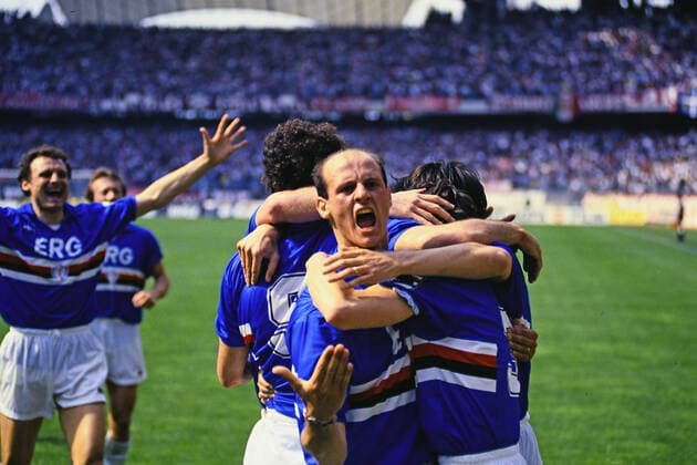 SQUADRA, ATTILIO LOMBARDO, Sampdoria, celebrating, Serie A, Torino vs Sampdoria 1-1, Torino SERIE A 1990-91 TORINO-SAMPDORIA 1-1