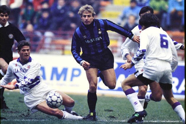 JURGEN KLINSMANN, Inter, Serie A, Inter vs Fiorentina 1-1, Milano SERIE A 1990-91 INTER-FIORENTINA 1-1