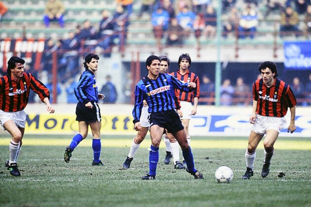 MASSIMO AGOSTINI, ROBERTO DONADONI, FILIPPO GALLI, AC Milan, DIEGO SIMEONE, MICHELE PADOVANO, Pisa, Serie A, Milan vs Pisa 1-0, Milano SERIE A 1990-91 MILAN-PISA 1-0