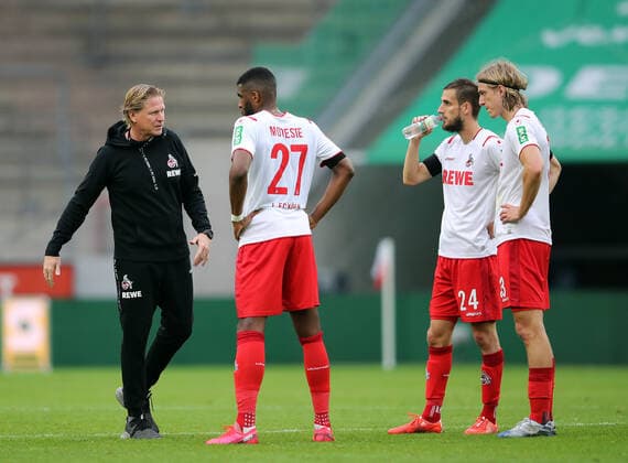 Football from l Coach Markus Gisdol, Anthony Modeste, Dominick Drexler, Sebastiaan Bornauw Cologne Cologne, 24 05 2020, Bundesliga Football, 1 FC Cologne Fortuna Duesseldorf 2 2 Cologne Poolfoto WITTERS Christof Koepsel ,EDITORIAL USE ONLY