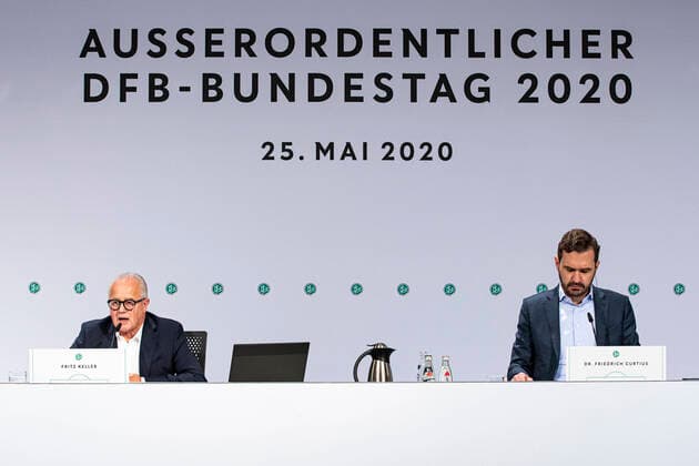 Bilder des Jahres 2020, Sport 05 Mai Sport Themen der Woche KW22 Sport Bilder des Tages 98. (Ausserordentlicher) Bundestag des DFB Das Praesidium des Deutschen Fussball-Bundes hat für Montag, den 25. Mai 2020 einen Ausserordentlichen Bundestag einberufen, bei dem die Auswirkungen der Corona-Pandemie auf den deutschen Fussball im Vordergrund stehen. Der Bundestag wird erstmals virtuell durchgefuehrt. Der DFB-Praesidialausschuss bei einer Schweigeminute fuer die Opfer der Corona-Pandemie v.l.: Christian Seifert (DFB-Vizepraesident), Peter Peters (1. DFB-Vizepraesident), Fritz Keller (DFB-Praesident), Dr. Friedrich Curtius (DFB-Generalsekretaer), Dr. Rainer Koch (1. DFB-Vizepraesident), Dr. Stephan Osnabruegge (DFB-Schatzmeister) Meckenheim, 25.05.2020 Foto: Thomas Boecker DFB POOL Nordrhein-Westfalen Deutschland *** 98 Extraordinary Bundestag of the DFB The Presidium of the German Football Association has convened an Extraordinary Bundestag for Monday, 25 May 2020 to focus on the impact of the Corona Pandemic on German football The Bundestag is being conducted virtually for the first time The DFB Presidial Committee of the DFB during a minutes silence for the victims of the Corona Pandemic by Christian Seifert DFB Vice President , Peter Peters 1 DFB Vice President , Fritz Keller DFB President , Dr Friedrich Curtius DFB Secretary General , Dr Rainer Koch 1 DFB Vice President , Dr Stephan Osnabruegge DFB Treasurer Meckenheim, 25 05 2020 Photo Thomas Boecker DFB POOL North Rhine-Westphalia Germany Poolfoto ,EDITORIAL USE ONLY