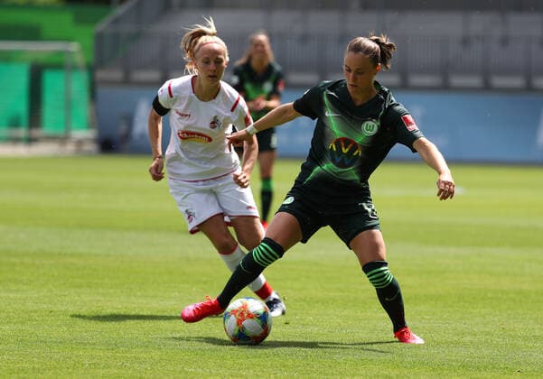 Wolfsburg vs. Cologne, BL Frauen Wolfsburg, Germany 29 05 2020, FUSSBALL VfL Wolfsburg vs. 1 FC Köln, Flyeralarm Frauen Bundesliga, Season 2019 20 Ewa Pajor VfL Wolfsburg , Meike Meßmer Köln Wolfsburg