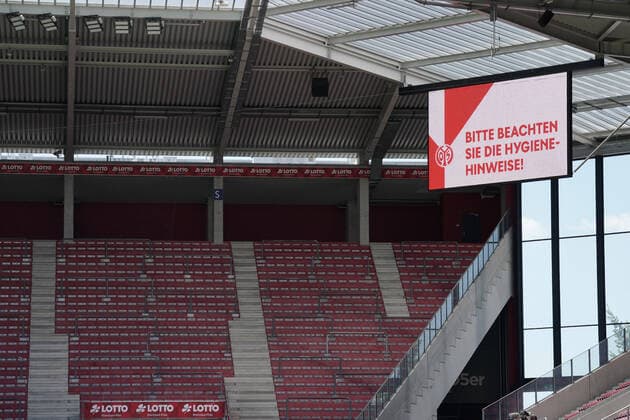Soccer scoreboard with information on hygiene regulations in the Opel Arena Mainz, 30 05 2020, Fussball Bundesliga, 1 FSV Mainz 05 TSG 1899 Hoffenheim Mainz Poolfoto Wagner Witters Pool Witters ,EDITORIAL USE ONLY