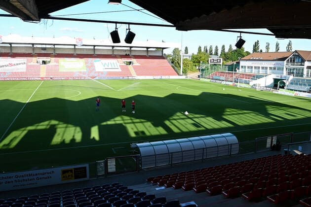 View from the stands to the pitch, ghost game, soccer game without spectators during the corona crisis, 02 06 2020, Unterhaching Germany , Football, 3 Liga, SpVgg Unterhaching FC Ingolstadt 04, DFB DFL REGULATIONS PROHIBIT ANY USE OF PHOTOGRAPHS AS IMAGE SEQUENCES AND OR QUASI VIDEO xslx