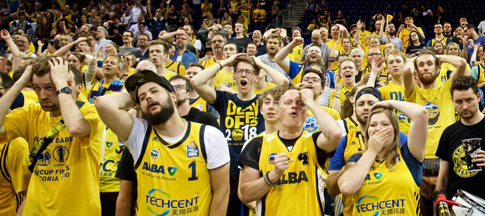 17 05 2018 easyCredit BBL Alba Berlin vs Oldenburg Season 2017 2018 Playoffs Quarterfinal Game 5 Basketball Berlin 17 05 2018 easyCredit BBL 1 Bundesliga Season 2017 2018 Playoffs Quarterfinal Game 5 Alba Berlin EWE Baskets Oldenburg Alba Fans stunned Berlin Germany