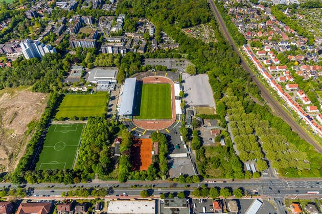 Aerial photograph, Prussia Stadium, SC Preußen 06 e V Münster, Münster, Münsterland, North Rhine-Westphalia, Germany ATTENTIONxMINDESTHONORARx60xEURO !ACHTUNGxMINDESTHONORARx60xEURO!