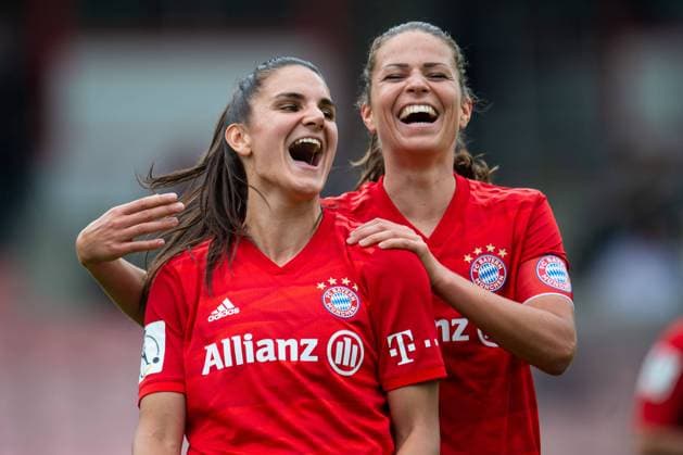 17 06 2020 Football, Women Bundesliga, 2019 2020, 20 Matchday, 1 FC Cologne FC Bayern Munich L R Jovana Damnjanovic Munich cheers after her goal for 0 2 with Melanie Leupolz Munich DFB REGULATIONS PROHIBIT ANY USE OF PHOTOGRAPHS AS IMAGE SEQUENCES AND OR QUASI VIDEO Photo Noah Wedel Cologne North Rhine-Westphalia Germany Franz Kremer Stadium