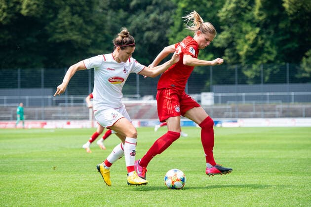 17 06 2020 Football, Women Bundesliga, 2019 2020, 20 Matchday, 1 FC Cologne FC Bayern Munich L R Lucia Ondrusova Cologne , Carina Wenninger Munich DFB REGULATIONS PROHIBIT ANY USE OF PHOTOGRAPHS AS IMAGE SEQUENCES AND OR QUASI VIDEO Photo Noah Wedel Cologne North Rhine-Westphalia Germany Franz Kremer Stadium