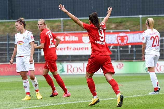Jovana Damnjanovic FCB, 9 cheers the goal to 0 3 by Carina Wenninger FCB, 19, 2 v r , cheer about a goal, cheer, cheer about a goal, celebrate the goal, goal, celebration, cheer about the goal, optimistic, Action, Action, 17 06 2020, Cologne Germany , Soccer, Flyeralarm Frauen Bundesliga, 1 FC Köln FC Bayern München, DFB DFL REGULATIONS PROHIBIT ANY USE OF PHOTOGRAPHS AS IMAGE SEQUENCES AND OR QUASI VIDEO xmhx