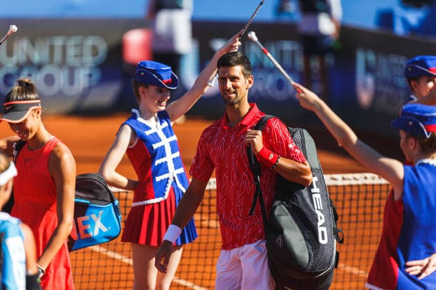 PXL_Exhibition match 19.06.2020., Zadar, Croatia - The grand opening of the humanitarian tennis tournament Adria Tour began with Novak Djokovic s exhibition match with Tours star. The main court, which boasts room for nine thousand spectators, will be filled to half capacity to meet COVID-19 measures. Tounament participants include world no. 1 Novak Djokovic, German star Alexander Zverev, and Gregori Dimitrov from Bulgaria, as well as Croatian Davis Cup national team, Nationalteam members Marin Cilic and Borna Coric. .Novak Djokovic, Ana Konjuh MarkoxDimic PIXSELL