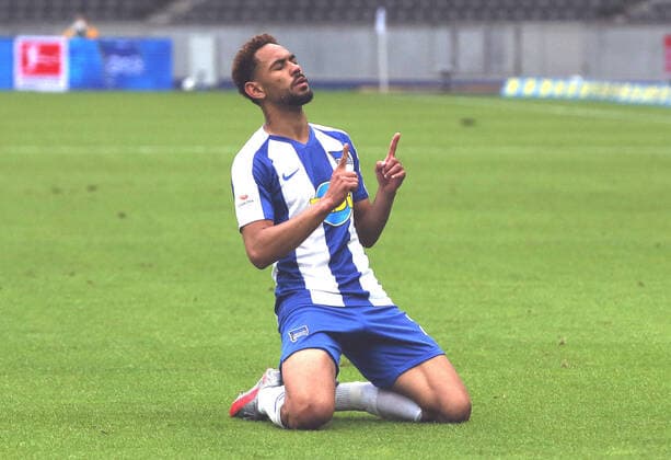 Matheus Cunha 1 0 joy emotion jubilant cheering after 1 0 ghost game Corona Sport football football DFL Bundesliga men season 2019 2020 20 06 2020 Hertha BSC Berlin vs Bayer 04 Leverkusen DFL regulations prohibit any use of photographs as image sequences and or quasi video