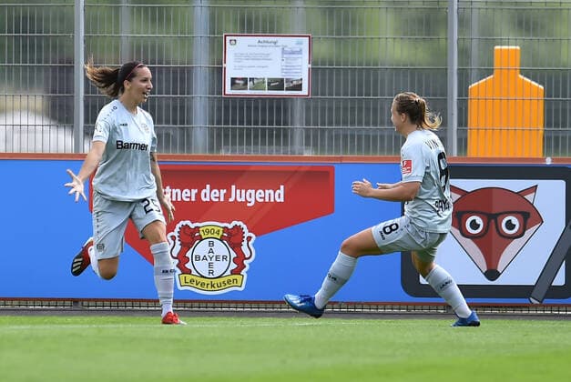 21 06 2020 Football, Women Bundesliga, 2019 2020, 21 Matchday, Bayer 04 Leverkusen 1 FC Köln L R Leverkusen Goal celebration to 2 0 by Ivana Rudelic Leverkusen , Ann Kathrin Vinken Leverkusen DFB REGULATIONS PROHIBIT ANY USE OF PHOTOGRAPHS AS IMAGE SEQUENCES AND OR QUASI VIDEO Photo Noah Wedel Köln Nordrhein Westfalen Germany Youth Football Centre Kurtekotten