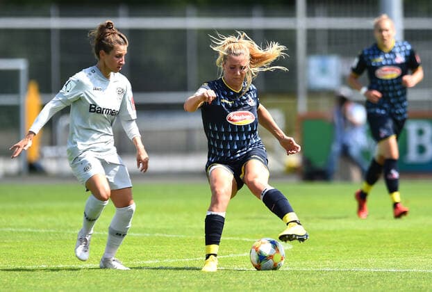 21 06 2020 Football, Women Bundesliga, 2019 2020, 21 Matchday, Bayer 04 Leverkusen 1 FC Köln L R Jessica Wich Leverkusen , Rachel Rinast Köln DFB REGULATIONS PROHIBIT ANY USE OF PHOTOGRAPHS AS IMAGE SEQUENCES AND OR QUASI VIDEO Photo Noah Wedel Köln Nordrhein Westfalen Germany Youth Football Centre Kurtekotten
