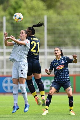 21 06 2020 Football, Women Bundesliga, 2019 2020, 21 Matchday, Bayer 04 Leverkusen 1 FC Köln L R Milena Nikolic Leverkusen , Peggy Nietgen Köln , Francesca Calo Köln DFB REGULATIONS PROHIBIT ANY USE OF PHOTOGRAPHS AS IMAGE SEQUENCES AND OR QUASI VIDEO Photo Noah Wedel Köln Nordrhein Westfalen Germany Youth Football Centre Kurtekotten