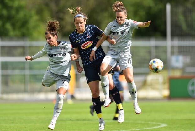 21 06 2020 Football, Women Bundesliga, 2019 2020, 21 Matchday, Bayer 04 Leverkusen 1 FC Köln L R Jessica Wich Leverkusen , Sonja Giraud Köln , Dora Zeller Leverkusen DFB REGULATIONS PROHIBIT ANY USE OF PHOTOGRAPHS AS IMAGE SEQUENCES AND OR QUASI VIDEO Photo Noah Wedel Köln Nordrhein Westfalen Germany Youth Football Centre Kurtekotten