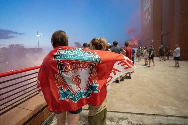 Football - 2019 2020 Premier League - Chelsea vs Manchester City Liverpool fans take the streets in expectation of a first-ever Premier League title - and first English title for 30 years - with Manchester City needing victory against Chelsea at Stamford Bridge to deny them. COLORSPORT TERRY DONNELLY 